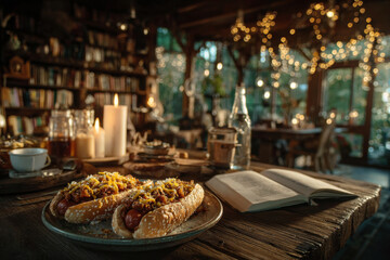 Two hot dogs with filling on a plate on a table in a room with books and candles.
