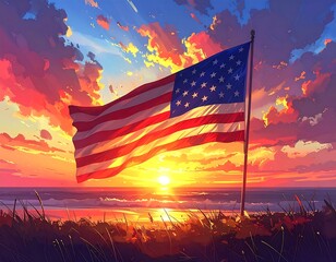 American flag at sunset over the ocean.  Vibrant colors