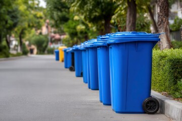 Row of blue wheeled trash bins lined up on the curb of an asphalt street with trees and greenery in the background