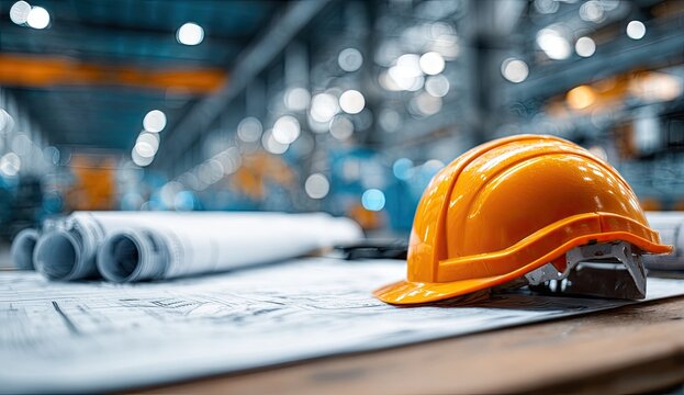Orange safety helmet atop blueprints in a factory (1)