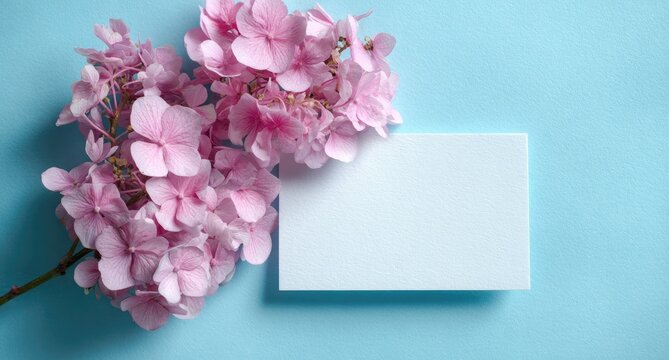 Pastel pink hydrangea flowers on a light blue background with a blank white card - Powered by Adobe