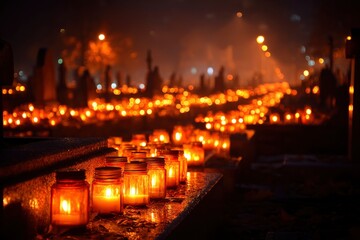 Rows of candle jars illuminate a graveyard at night creating a warm glow against dark headstones