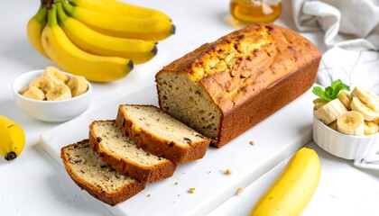 Sliced banana loaf on a white board, surrounded by whole and sliced bananas