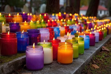 Rows of vibrant colorful candles flicker in glass jars arranged neatly on a stone surface