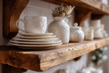 Rustic shelf ceramic mug plates vases  sugar bowl Warm wood shelf against a white wall