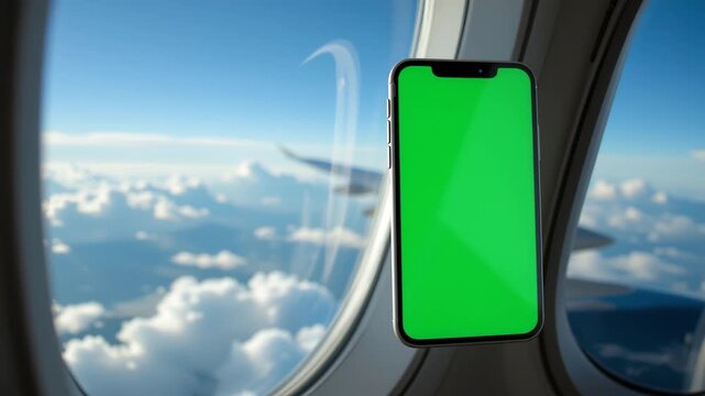 Mobile Technology Amidst the Clouds: A modern smartphone's screen of verdant green floats before an airplane window, with clouds and the expansive blue sky unfurling in the background.