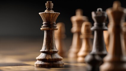 Chess king in focus, surrounded by other pieces