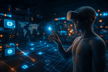 AI generated futuristic virtual reality digital world with avatar wearing VR headset interacting with glowing holographic interface and global data visualization
