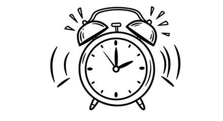 Vintage alarm clock ringing loudly with bold lines and radiating sound waves, symbolizing early morning wake up calls and time.