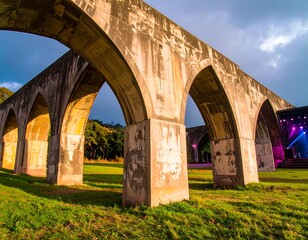 Ancient concrete arches spanning a grassy field, bathed in golden light