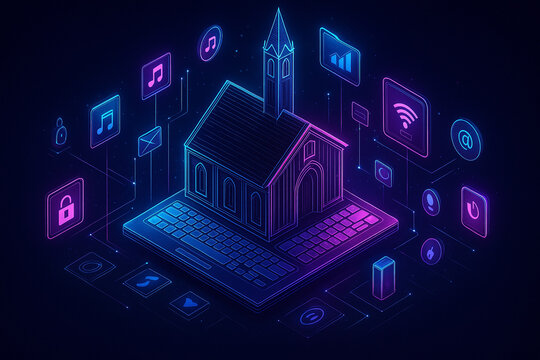 AI generated digital art of a holographic church on a keyboard surrounded by glowing icons symbolizing technology culture and connectivity