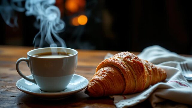 Morning Ritual: A captivating image of a steaming cup of coffee, next to a golden croissant on a rustic table, setting a warm and inviting atmosphere