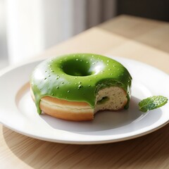 Delicious Matcha Green Tea Donut with Bite Taken.