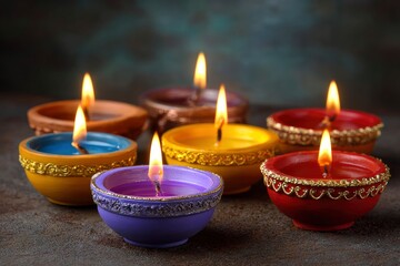 Seven ornate brightly colored diyas oil lamps are lit against a textured dark backdrop