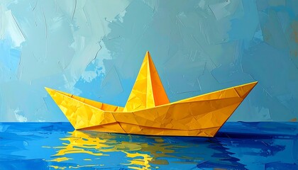 Origami boat on a textured blue sea