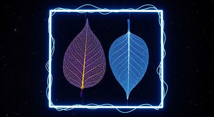 Two contrasting leaves, vibrant colors, nature art, minimalist design.