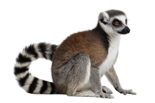 A ring-tailed lemur sits facing right, isolated on a transparent background, showcasing its distinctive markings and fluffy tail. background removed