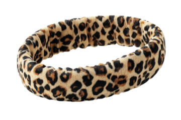 Leopard print hair scrunchie, soft and stretchy fabric, perfect for all hair types. background removed