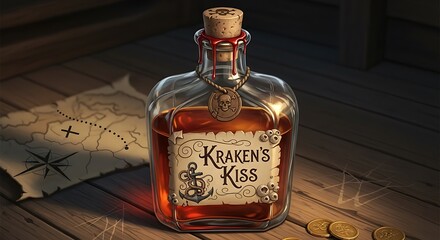 Krakens Kiss Rum Bottle on Wooden Table.