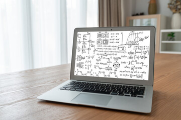 Mathematic equations and modish formula on computer screen showing concept of science and education