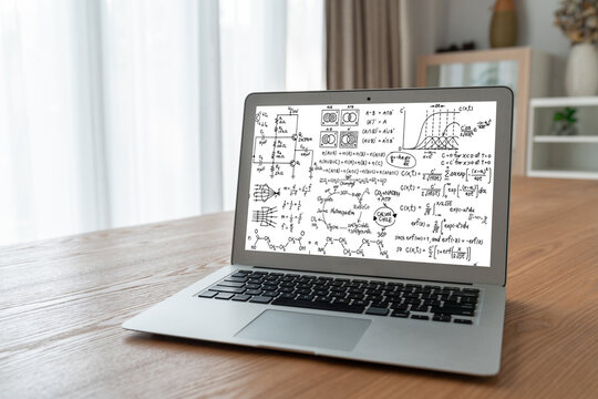 Mathematic equations and modish formula on computer screen showing concept of science and education