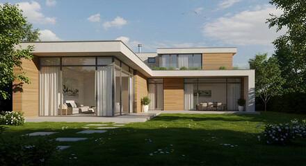 Modern Luxury House Exterior with Large Windows and Lush Green Garden