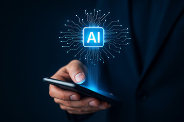 AI generated ultra realistic image of human hand holding smartphone with glowing AI icon and digital circuit lines symbolizing smart mobile technology and innovation