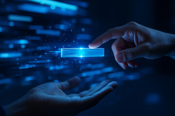 AI generated glowing digital bar between two hands symbolizing data transfer technology innovation connectivity and futuristic communication in cyberspace