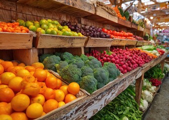 Fresh produce overflowing from wooden bins