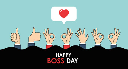 Happy Boss Day greeting card with hands showing positive gestures.