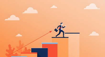Ambitious Businessman Climbing the Career Ladder Stairs with a Briefcase Towards Success Vector