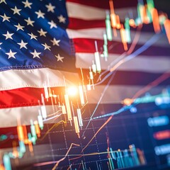 American flag overlaid with financial charts