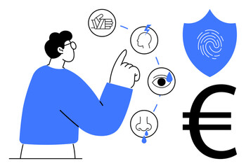 Person pointing at sensory icons representing touch, sight, smell, and hearing, alongside a fingerprint shield and euro symbol. Ideal for security, technology, finance, biometrics identity