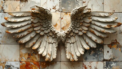 Ornate angel wings on a tiled wall