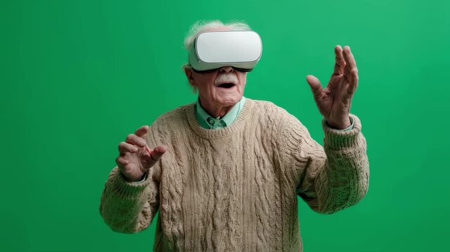 Elderly man wearing a vr headset interacts with a virtual environment against a green screen, his expressions and gestures indicating curiosity and engagement - Powered by Adobe