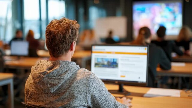 Medium shot of an employee engaged in an interactive online training module for industry standards with a blurred classroom setting in the backdrop.