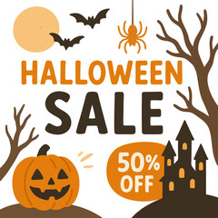 Happy Halloween promo sale flyer with Halloween elements. flying bats, spider. Starry night and full moon. Vector illustration for poster, banner, special offer.