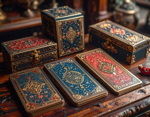 Ornate antique-style boxes and tarot cards