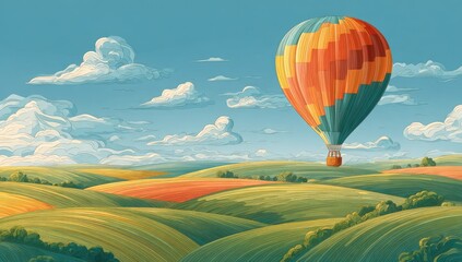 Obraz premium Colorful hot air balloon over rolling hills