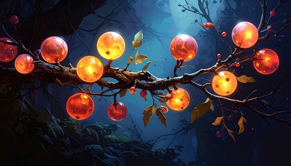 Glowing orbs cluster on a branch in a dark forest