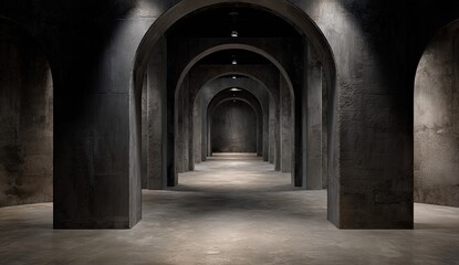 Long, dark concrete archway hallway