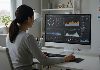 Woman working on a computer with data analytics on screen