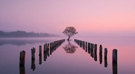 Calm sunrise over a tranquil lake with a solitary tree and wooden posts
