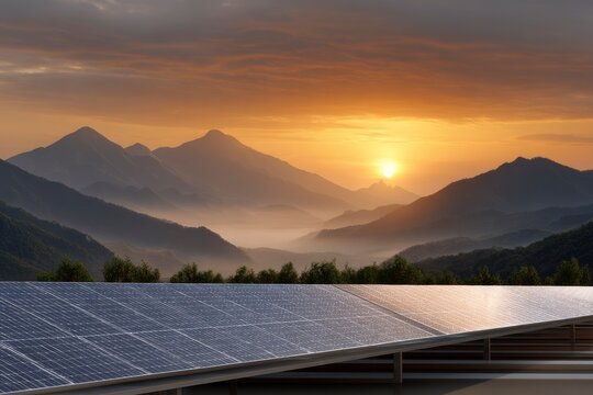 Solar panels gleam against mountains at dawn hazy valley below