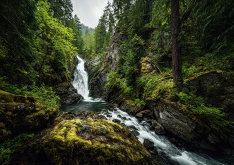 Lush waterfall cascading through a verdant forest