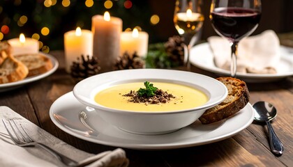 Creamy soup in a white bowl, garnished with herbs and breadcrumbs, served on a rustic wooden table. Festive Christmas ambiance with candles, pine cones, and wine glasses