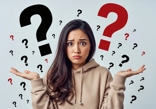 Confused Woman Puzzled by Question Marks Expressing Uncertainty and Indecision