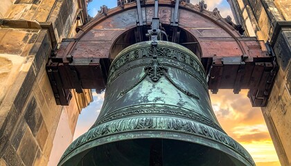 Ornate bell in a historic tower at sunset