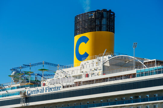 Ensenada, BC, Mexico &ndash; February 24, 2025: The Carnival Firenze, a Italian style cruise ship operated by Carnival Corporation, docked at the Port of Ensenada in Baja Mexico.