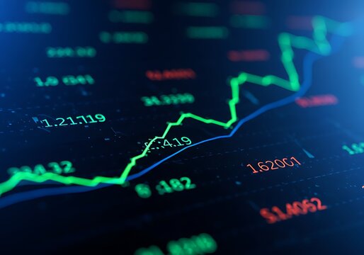 Green stock market graph shows upward trend with financial data - Powered by Adobe